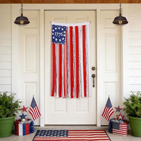 4th of July Rag American Flag Banner Decor, 4.5 x 2.3 FT Patriotic USA Flag Banner, Independence Day Retro American Flags Bunting Decorations for Outdoor Garden Yard Home Party in Saudi Arabia