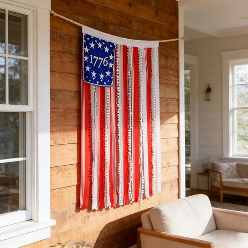 4th of July Rag American Flag Banner Decor, 4.5 x 2.3 FT Patriotic USA Flag Banner, Independence Day Retro American Flags Bunting Decorations for Outdoor Garden Yard Home Party in Saudi Arabia
