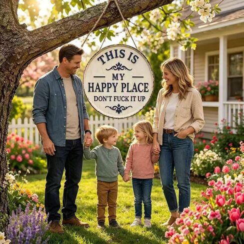 Happy Place - لافتة معدنية عتيقة، "This Is My Happy Place Don't Fuck It Up"، ديكور للحديقة، لافتة ترحيب معدنية مضحكة (12 بوصة) in Kuwait