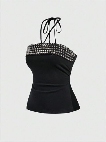 BEAUDRM Women's Rivet Studded Halter Tops Punk Tie Open Back Sleeveless Going Out Crop Top Party Rave Date Night Clubwear in Kuwait