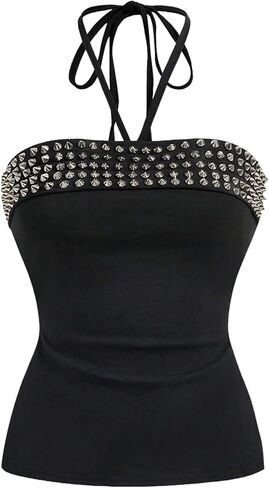 BEAUDRM Women's Rivet Studded Halter Tops Punk Tie Open Back Sleeveless Going Out Crop Top Party Rave Date Night Clubwear in Saudi Arabia