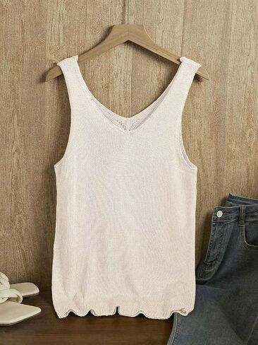 Womens Summer V Neck Tops Knitted Sleeveless Tank Top Cable Knit Sweater Vest Casual Solid Tee Shirts in Kuwait