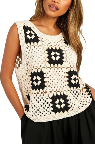 Allimy Womens Patchwork Hollow Out Checkered Crewneck Crochet Knit Tanks Tops Sleeveless Tanks Top Vest in Saudi Arabia