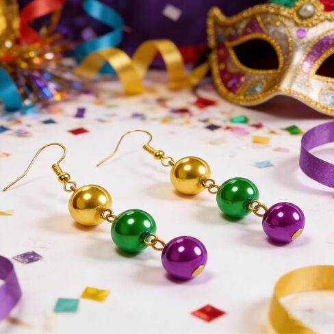 Mardi Gras Beaded Earrings for Women Mardi Gras Beads Dangle Purple Gold Green Beaded Drop Earrings Mask Carnival Costume Jewelry Accessories in Saudi Arabia