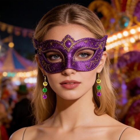 Mardi Gras Beaded Earrings for Women Mardi Gras Beads Dangle Purple Gold Green Beaded Drop Earrings Mask Carnival Costume Jewelry Accessories in Saudi Arabia