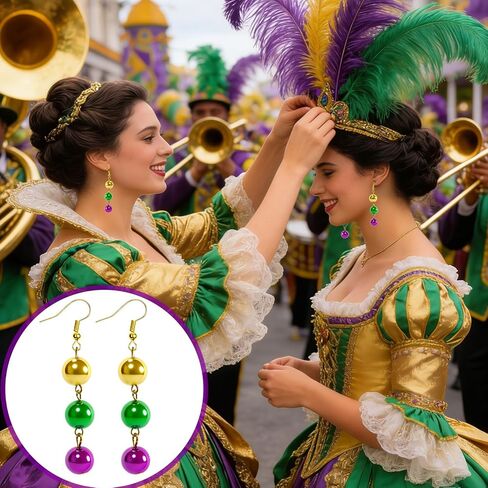 Mardi Gras Beaded Earrings for Women Mardi Gras Beads Dangle Purple Gold Green Beaded Drop Earrings Mask Carnival Costume Jewelry Accessories in Saudi Arabia