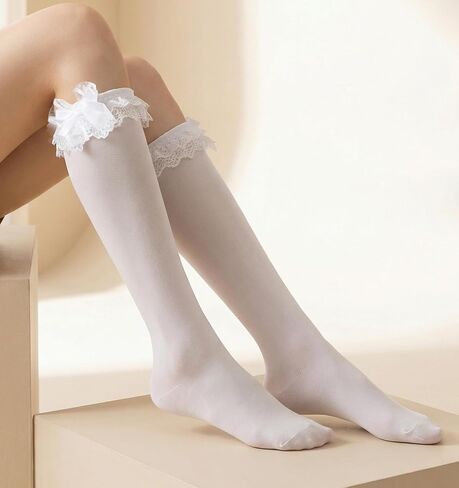 Lace Knee High Socks, White Knee High Socks Girls Lolita Style for School, Daily Wear, Dating and Dance Occasions in Saudi Arabia