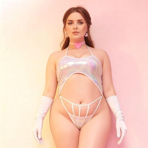 Women's Plus Size Sexy Holographic Lingerie Bodysuit - Metallic Iridescent Cutout Halter Teddy with Strappy Cage Front in Kuwait