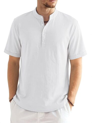 Riskrole Men's Cotton Linen Henley Shirt Casual Band Collar Short Sleeve T-Shirt for Summer Beach Vacation in Saudi Arabia