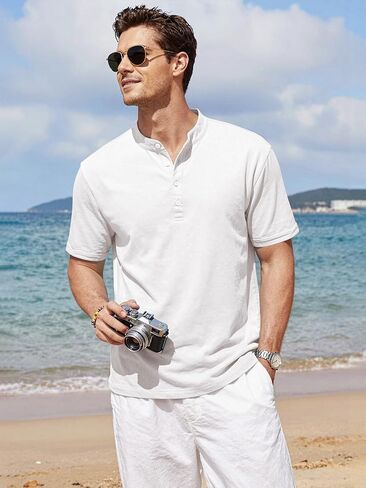 Riskrole Men's Cotton Linen Henley Shirt Casual Band Collar Short Sleeve T-Shirt for Summer Beach Vacation in Saudi Arabia