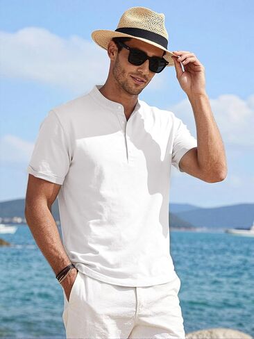 Riskrole Men's Cotton Linen Henley Shirt Casual Band Collar Short Sleeve T-Shirt for Summer Beach Vacation in Saudi Arabia