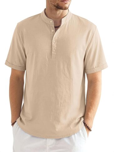 Riskrole Men's Cotton Linen Henley Shirt Casual Band Collar Short Sleeve T-Shirt for Summer Beach Vacation in Saudi Arabia
