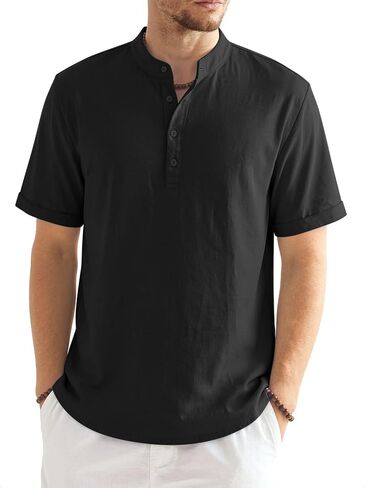 Riskrole Men's Cotton Linen Henley Shirt Casual Band Collar Short Sleeve T-Shirt for Summer Beach Vacation in Saudi Arabia