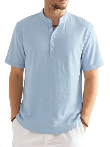 Riskrole Men's Cotton Linen Henley Shirt Casual Band Collar Short Sleeve T-Shirt for Summer Beach Vacation in Saudi Arabia