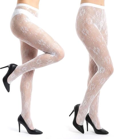 2PCS Women's Tights with Designs, Floral Lace Pantyhose Socks, High Waist White Lace Tights for Women in Saudi Arabia