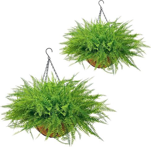2 Set Artificial Ferns for Outdoors with Coconut Baskets, Fake Hanging Boston Ferns with 12" Coir Pot &Chain,UV Resistant Faux Hanging Persian Grass Baskets for Outdoor Porch Patio Decor in Saudi Arabia