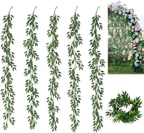 5 Pack Artificial Willow Garland, 6 FT Faux Greenery Vine Garland, Hanging Willow Leaf Vines for Room Wall Decor, Wedding Arch, Table Runner, Party Backdrop, Indoor Outdoor Home Decoration in Saudi Arabia
