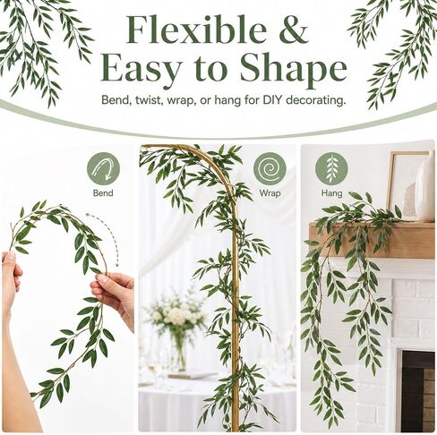 5 Pack Artificial Willow Garland, 6 FT Faux Greenery Vine Garland, Hanging Willow Leaf Vines for Room Wall Decor, Wedding Arch, Table Runner, Party Backdrop, Indoor Outdoor Home Decoration in Saudi Arabia