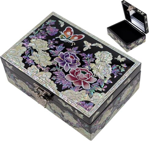Korean Mother-of-Pearl Keepsake Box with Mirror – Floral & Butterfly Inlay – Handmade Trinket Memory Box – Black Lacquer Gift for Women, Birthday, Anniversary, Christmas (Peony & Butterfly) in Saudi Arabia
