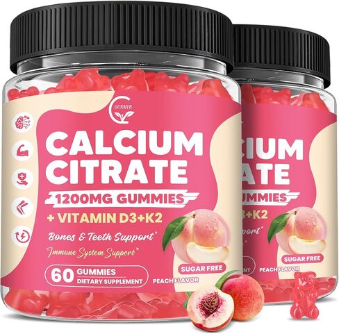 (2 Pack) Calcium Citrate Gummies 1200 mg with Vitamin D3, K2 for Bone, Muscle & Immune Support, High Absorption Chewable Calcium Supplements for Women & Men, Sugar Free, Vegan, Peach Flavor, 60 Chews in Saudi Arabia