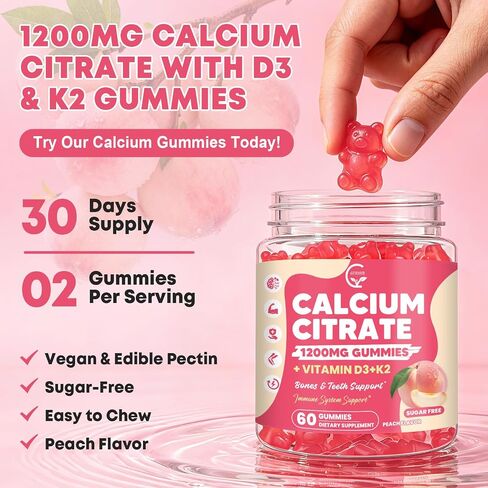 (2 Pack) Calcium Citrate Gummies 1200 mg with Vitamin D3, K2 for Bone, Muscle & Immune Support, High Absorption Chewable Calcium Supplements for Women & Men, Sugar Free, Vegan, Peach Flavor, 60 Chews in Saudi Arabia