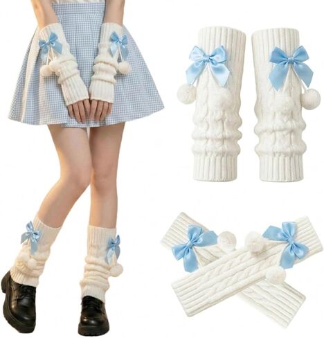 Knit Leg Warmers and Arm Warmers Set with Bows and Pom Poms, Kawaii Y2K Lolita Harajuku Accessories for Women in Saudi Arabia