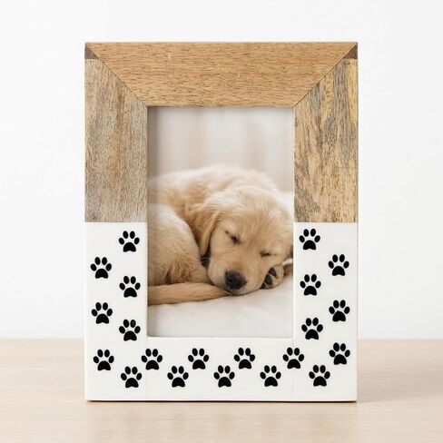 Wooden Picture Frame with Paw Print Design – Rustic Wood and Resin Photo Display for Wall or Tabletop – Sentimental Keepsake for Living Room, Bedroom or Office Home Decor – 10", White in Kuwait