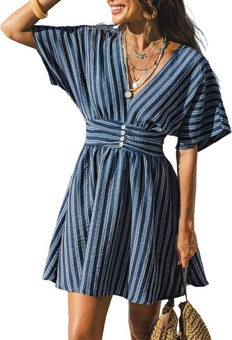 CUPSHE Women Summer Dress Striped V Neck Smocked Waist Front Buttons Sun Dress Casual Vacation Beach Short Mini Dress in Kuwait
