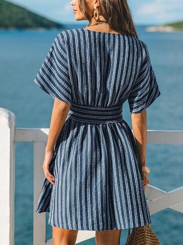 CUPSHE Women Summer Dress Striped V Neck Smocked Waist Front Buttons Sun Dress Casual Vacation Beach Short Mini Dress in Kuwait