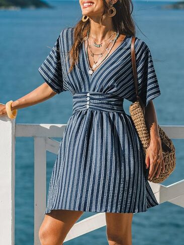 CUPSHE Women Summer Dress Striped V Neck Smocked Waist Front Buttons Sun Dress Casual Vacation Beach Short Mini Dress in Kuwait