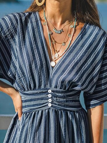 CUPSHE Women Summer Dress Striped V Neck Smocked Waist Front Buttons Sun Dress Casual Vacation Beach Short Mini Dress in Kuwait