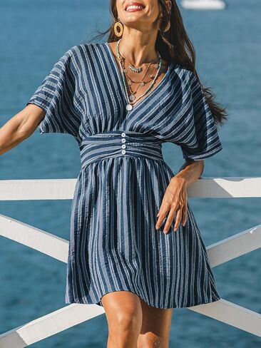 CUPSHE Women Summer Dress Striped V Neck Smocked Waist Front Buttons Sun Dress Casual Vacation Beach Short Mini Dress in Kuwait