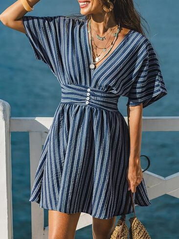 CUPSHE Women Summer Dress Striped V Neck Smocked Waist Front Buttons Sun Dress Casual Vacation Beach Short Mini Dress in Kuwait