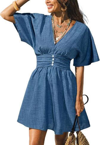 CUPSHE Women Summer Dress Striped V Neck Smocked Waist Front Buttons Sun Dress Casual Vacation Beach Short Mini Dress in Kuwait