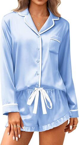 Ekouaer Satin Pajamas Set for Women 2 Piece Silky Long Sleeve and Ruffle Shorts Pajamas Button Down Pjs Loungewear Set in Kuwait