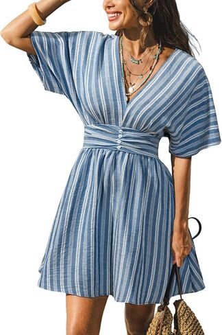 CUPSHE Women Summer Dress Striped V Neck Smocked Waist Front Buttons Sun Dress Casual Vacation Beach Short Mini Dress in Kuwait