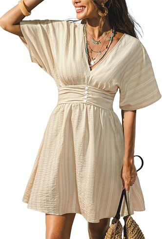CUPSHE Women Summer Dress Striped V Neck Smocked Waist Front Buttons Sun Dress Casual Vacation Beach Short Mini Dress in Kuwait