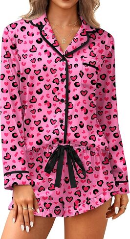 Ekouaer Satin Pajamas Set for Women 2 Piece Silky Long Sleeve and Ruffle Shorts Pajamas Button Down Pjs Loungewear Set in Kuwait