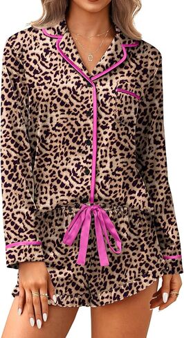 Ekouaer Satin Pajamas Set for Women 2 Piece Silky Long Sleeve and Ruffle Shorts Pajamas Button Down Pjs Loungewear Set in Kuwait