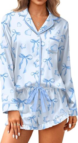 Ekouaer Satin Pajamas Set for Women 2 Piece Silky Long Sleeve and Ruffle Shorts Pajamas Button Down Pjs Loungewear Set in Kuwait
