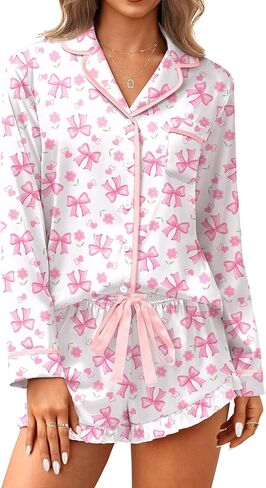 Ekouaer Satin Pajamas Set for Women 2 Piece Silky Long Sleeve and Ruffle Shorts Pajamas Button Down Pjs Loungewear Set in Kuwait