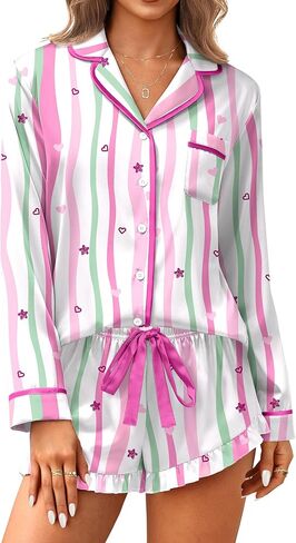 Ekouaer Satin Pajamas Set for Women 2 Piece Silky Long Sleeve and Ruffle Shorts Pajamas Button Down Pjs Loungewear Set in Kuwait