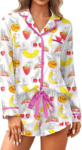 Ekouaer Satin Pajamas Set for Women 2 Piece Silky Long Sleeve and Ruffle Shorts Pajamas Button Down Pjs Loungewear Set in Kuwait