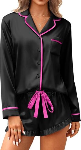 Ekouaer Satin Pajamas Set for Women 2 Piece Silky Long Sleeve and Ruffle Shorts Pajamas Button Down Pjs Loungewear Set in Kuwait