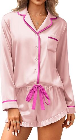 Ekouaer Satin Pajamas Set for Women 2 Piece Silky Long Sleeve and Ruffle Shorts Pajamas Button Down Pjs Loungewear Set in Kuwait
