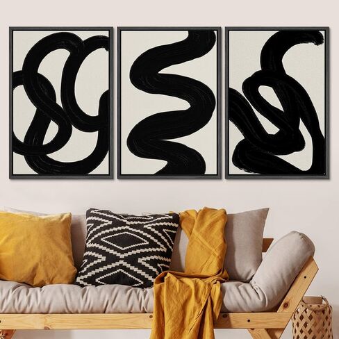 SIGNLEADER Framed Canvas Print Wall Art Set Duotone Minimal Dark Brush Stroke Landscape Abstract Shapes Illustrations Modern Art Boho Decorative for Living Room, Bedroom, Office - 24"x36"x3 BLACK in Saudi Arabia