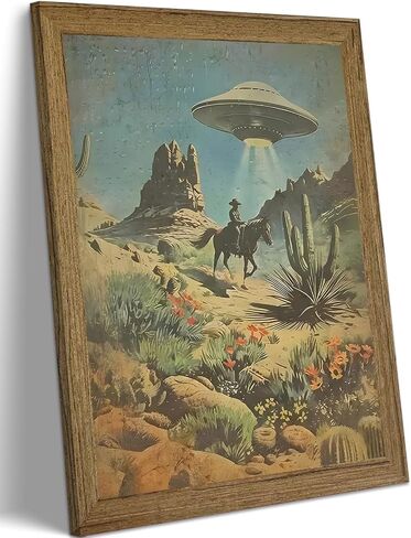 خمر الغربية الغريبة UFO جدار الفن مؤطرة قماش، الرجعية الخيال العلمي كاوبوي اختطاف ملصق، صبار الصحراء المناظر الطبيعية العمل الفني جدار ديكور لغرفة المعيشة غرفة نوم مكتب 8x10 بوصة in Kuwait