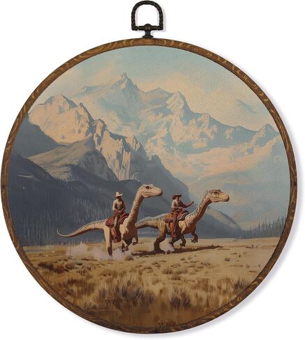 MOTERMATE Western Cowboy Dinosaur Wall Art Decor Round Framed, Whimsical Cowboy Dinosaur Mountain Canvas Wall Art Artwork Prints, Western Hanging Decor Decorations for Home Bedroom Room, 10x10 Inch in Saudi Arabia