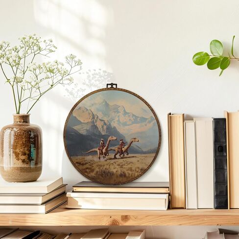 MOTERMATE Western Cowboy Dinosaur Wall Art Decor Round Framed, Whimsical Cowboy Dinosaur Mountain Canvas Wall Art Artwork Prints, Western Hanging Decor Decorations for Home Bedroom Room, 10x10 Inch in Saudi Arabia
