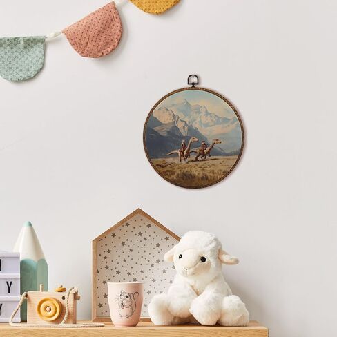 MOTERMATE Western Cowboy Dinosaur Wall Art Decor Round Framed, Whimsical Cowboy Dinosaur Mountain Canvas Wall Art Artwork Prints, Western Hanging Decor Decorations for Home Bedroom Room, 10x10 Inch in Saudi Arabia